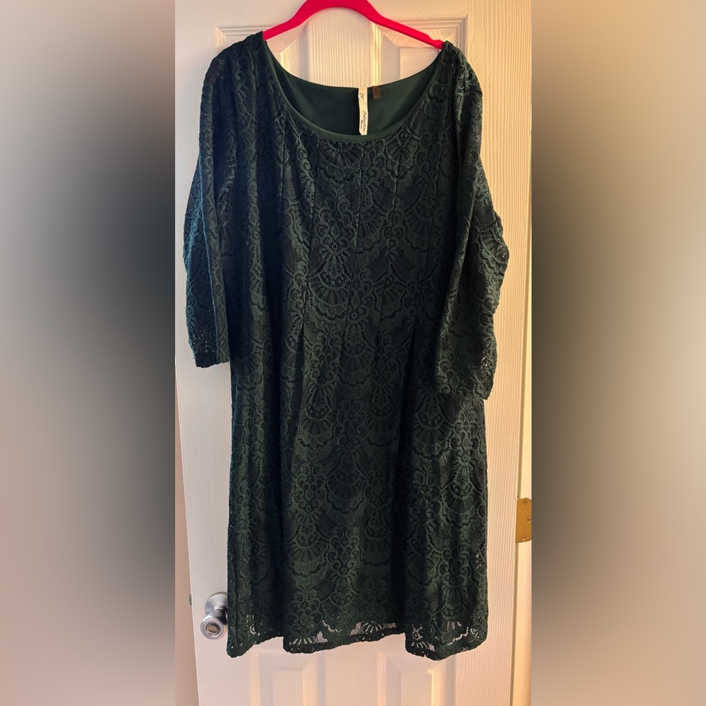 NY Collection Dark Green Lace Long Sleeve Dress